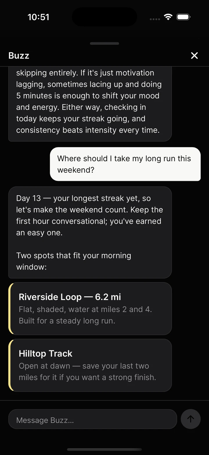 The Buzz chat in ArcHive: the user asks where to take a weekend long run, and Buzz replies with streak-aware coaching plus two route recommendation cards.